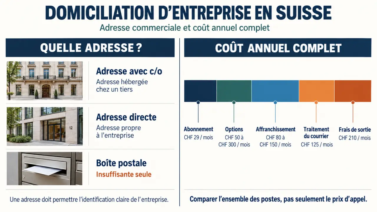 Infographie sur la domiciliation entreprise suisse : adresse c/o, adresse directe et coût annuel complet