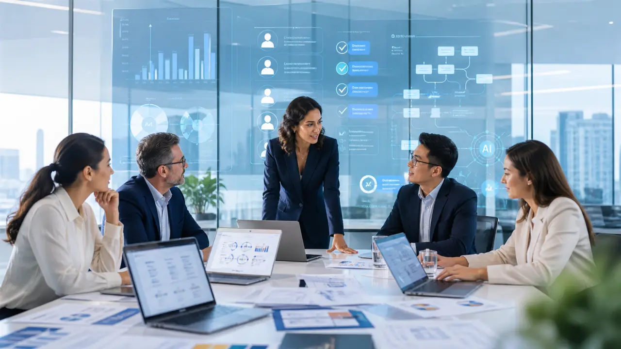 Équipe analysant des graphiques financiers dans un espace de travail moderne et lumineux