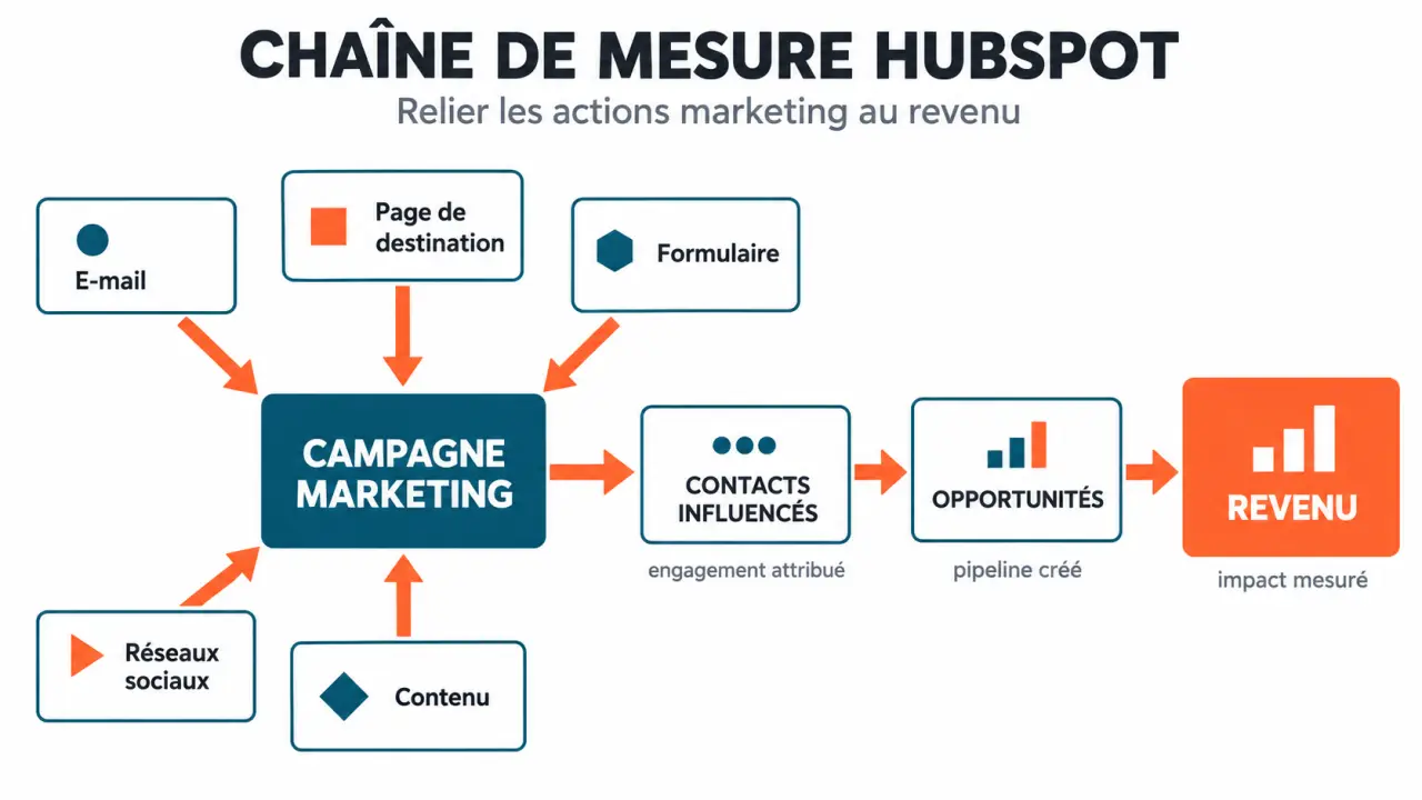 Schéma HubSpot pour la gestion des campagnes et des reportings en entreprise, des actifs marketing au revenu