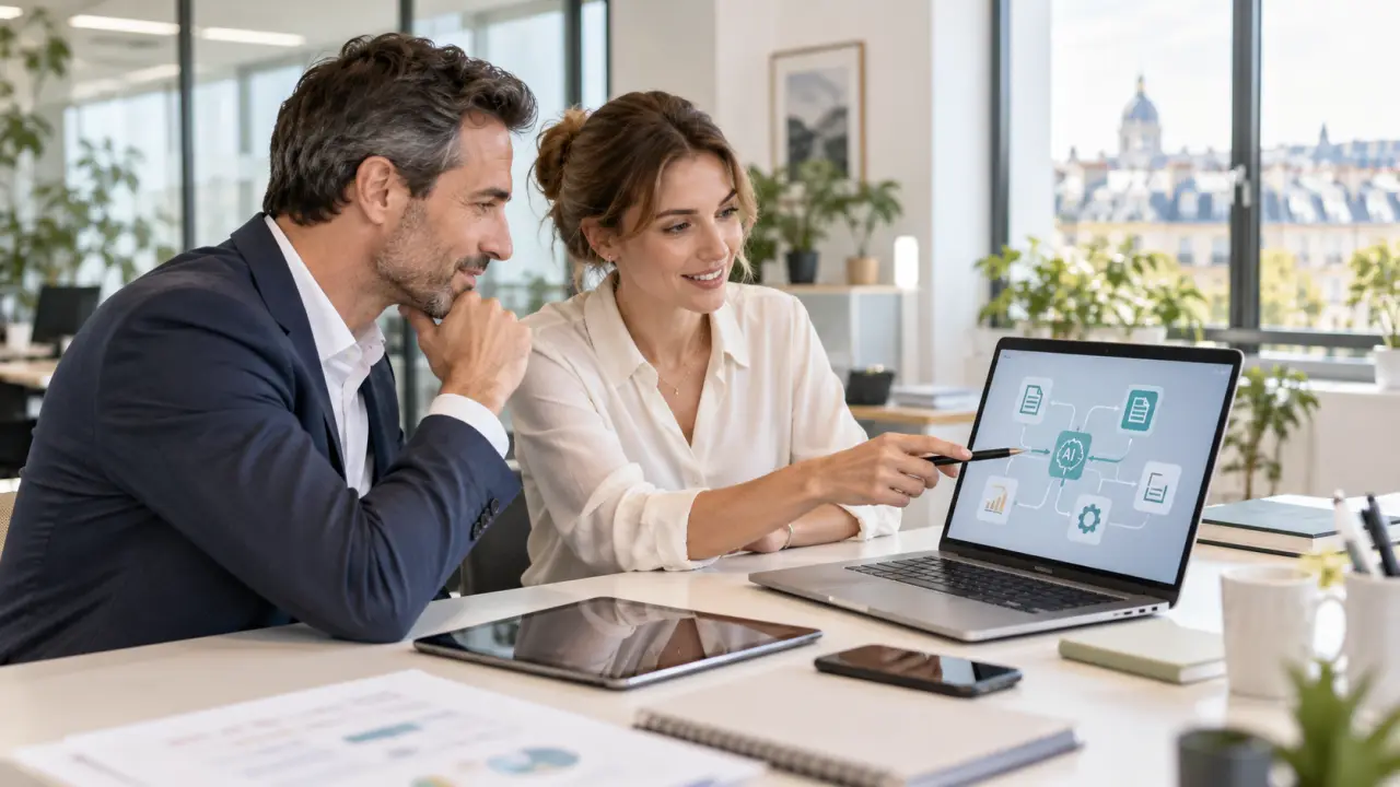 Équipe en entreprise analysant des données et des processus administratifs sur un espace de travail moderne