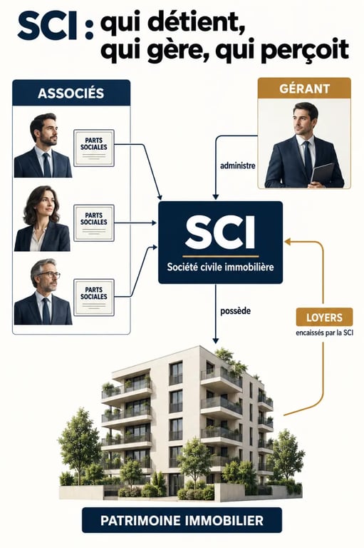 Schéma du statut juridique SCI avec associés, parts sociales, gérant et patrimoine immobilier