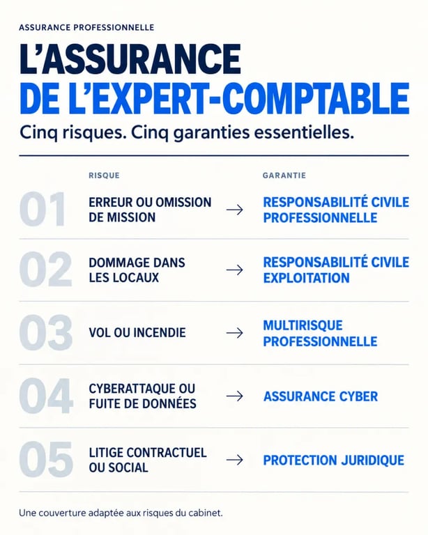 Infographie sur les garanties d’une assurance expert-comptable selon les risques du cabinet