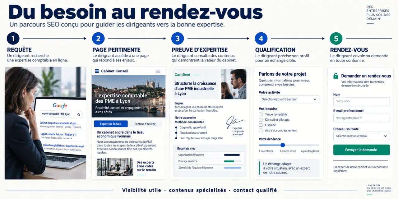 Conseil SEO expert comptable : parcours de la requête Google au rendez-vous qualifié