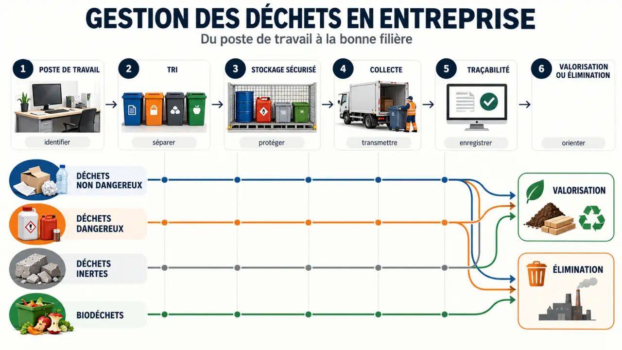 Infographie sur la gestion des déchets en entreprise, du tri à la traçabilité et à la valorisation