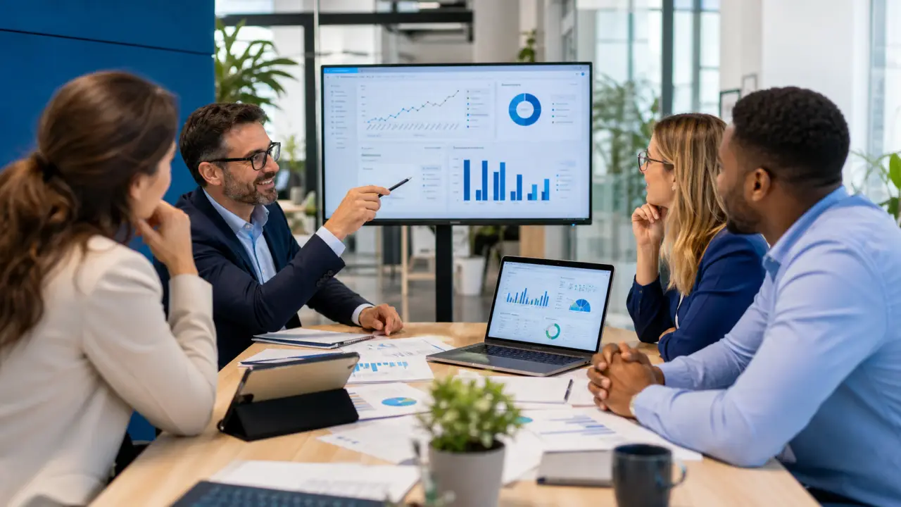 Équipe financière en réunion devant des tableaux de bord de performance dans un bureau moderne et lumineux