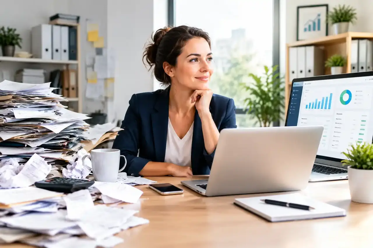Dirigeante analysant un tableau de facturation et des indicateurs financiers