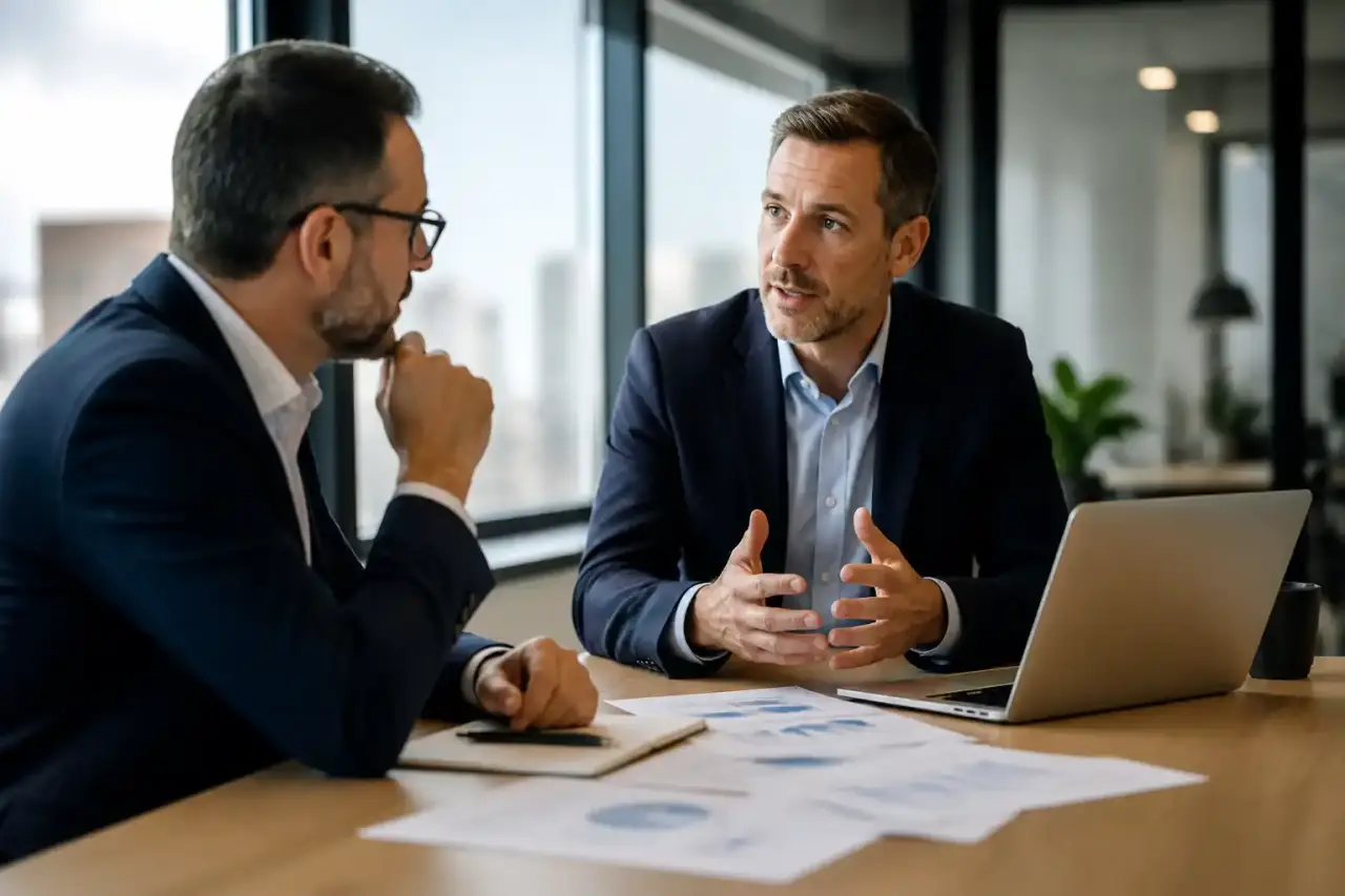 Équipe de direction analysant des indicateurs financiers dans un bureau moderne