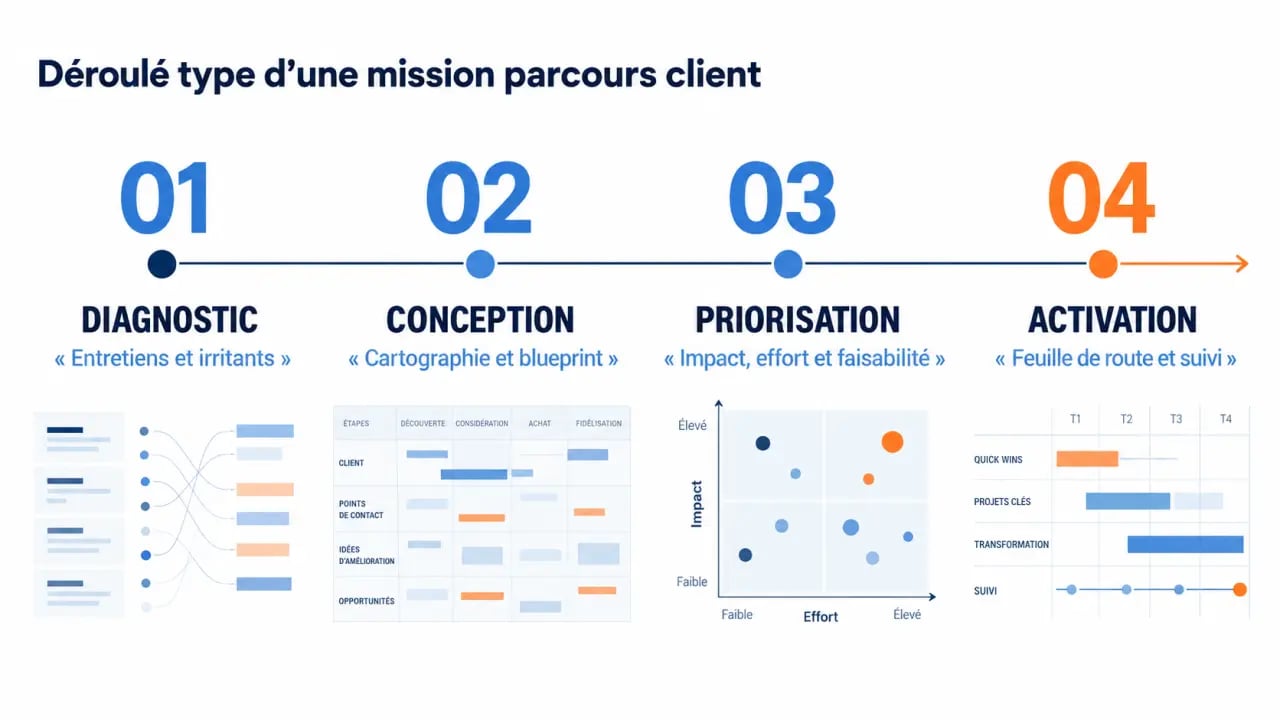 Frise du déroulé d'une mission de cabinet conseil parcours client, du diagnostic à l'activation
